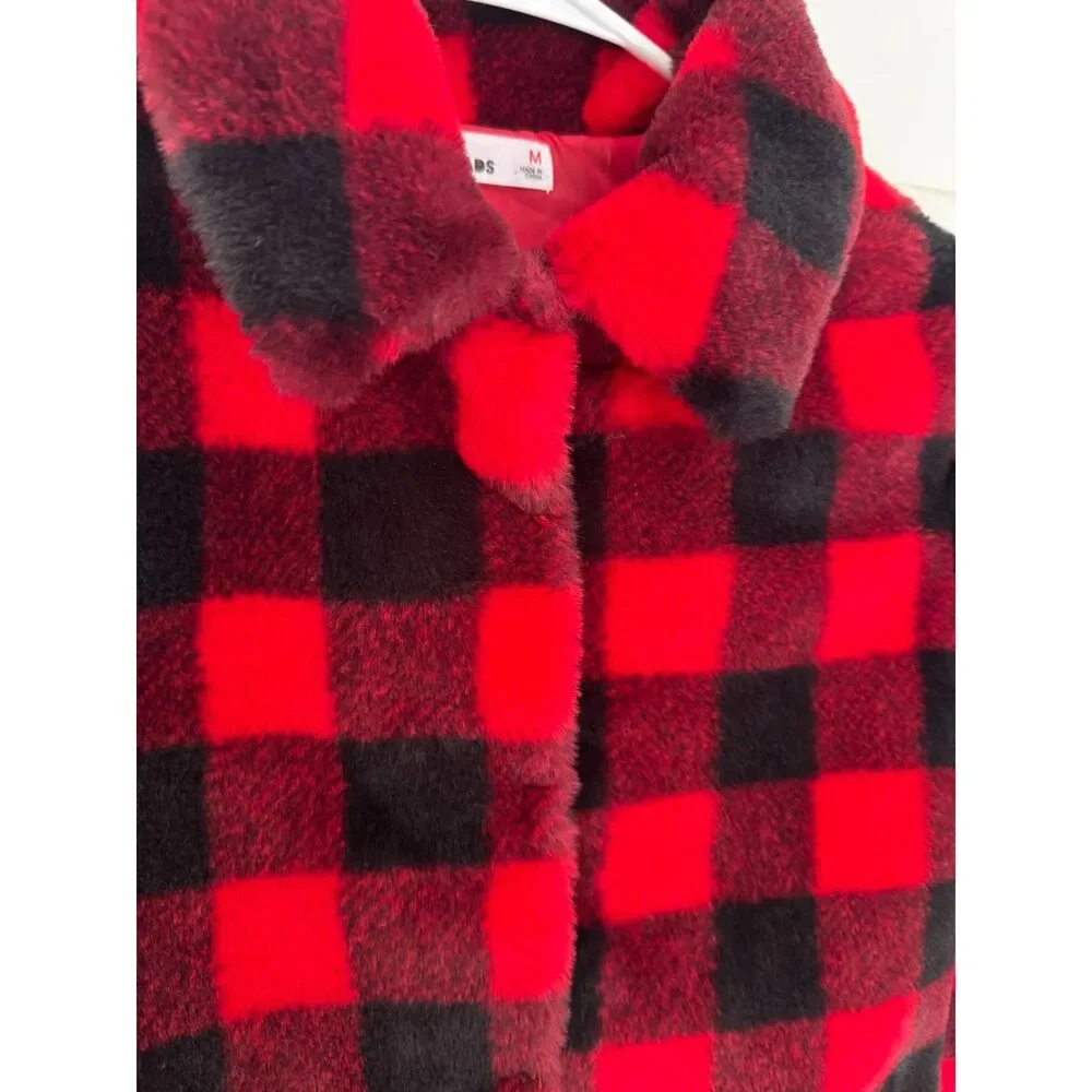 Epic Threads Girls M 7/8 Faux Fur Jacket Red Black Buffalo Plaid Plush Cozy Soft